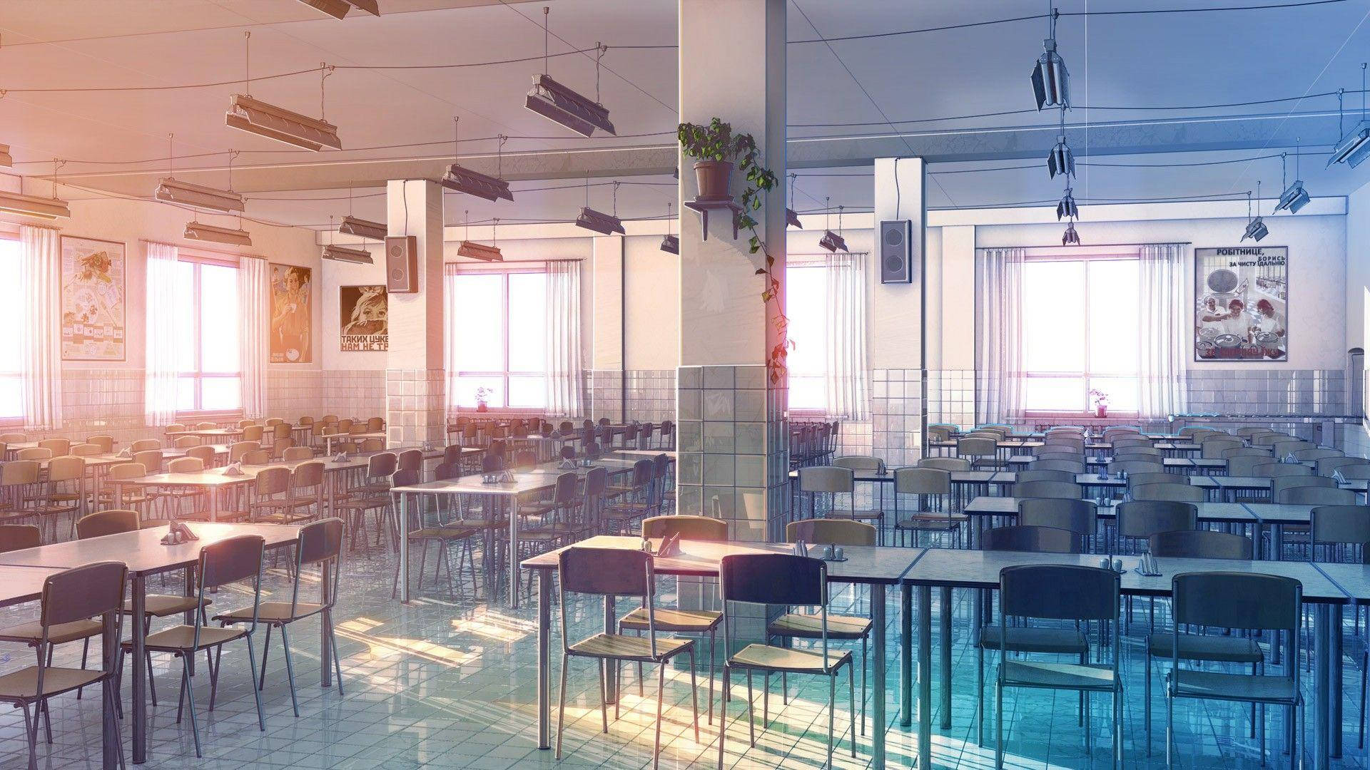 アニメの学校風景 夕暮れの空っぽの食堂 壁紙