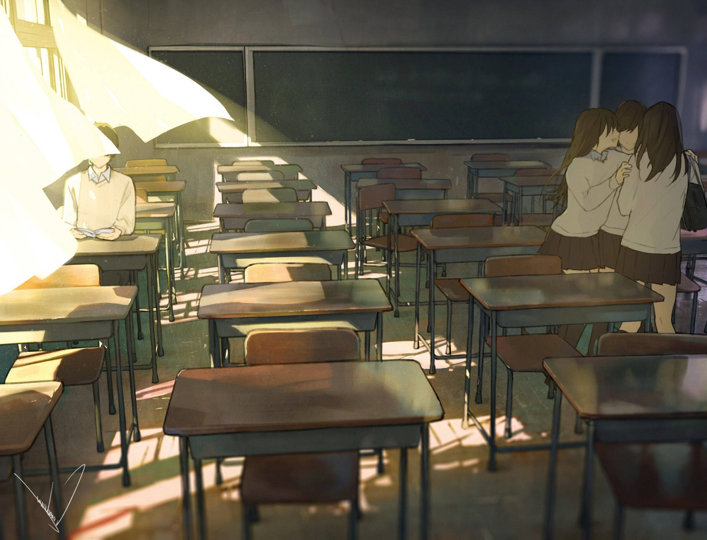 アニメの学校風景 暗い教室の生徒たち 壁紙