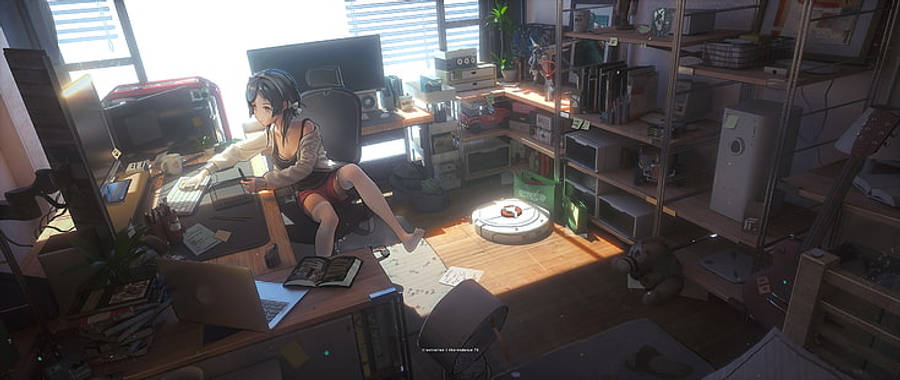 アニメの少女がだらしない服装で快適にノートパソコンを操作 壁紙