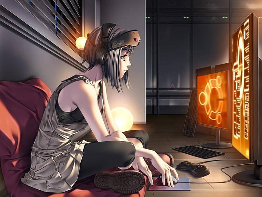 アニメの少女がノートパソコンの画面を覗き込む 壁紙
