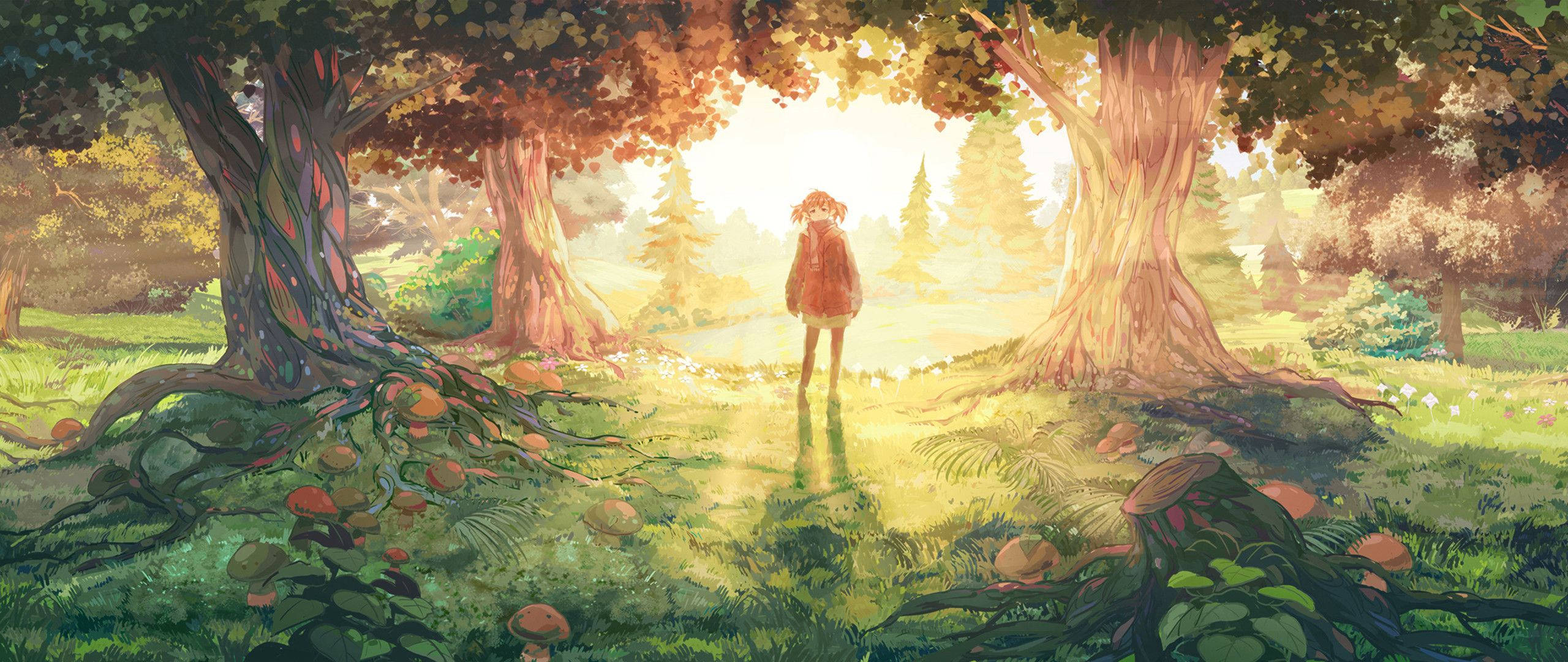 アニメの少女が森の静けさを楽しむ 壁紙