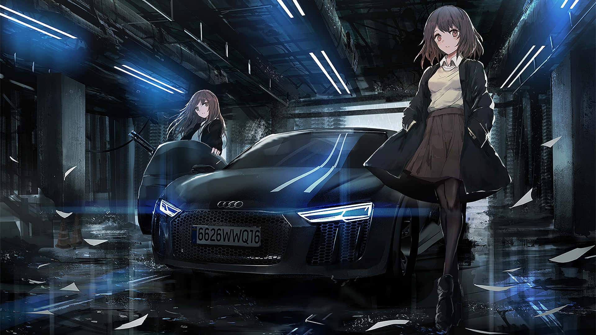アニメの少女二人が車の隣に立っている 壁紙