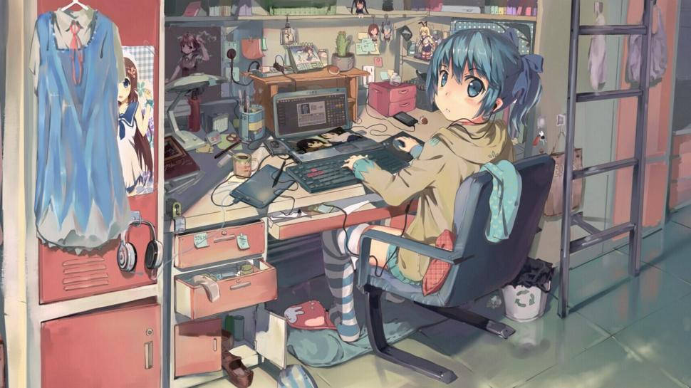 アニメの散らかったノートPC環境 壁紙