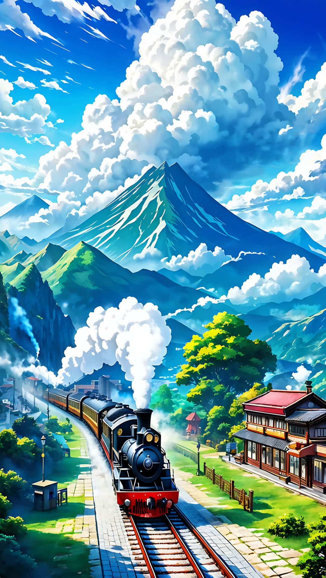 アニメ、アニメの自然、電車、自然、ローファイ、ローファイ背景、駅、鉄道、壁紙、背景、4K、漫画、アニメスタイル、風景、山々、ローファイ風景、ローファイ自然、空、山の電車