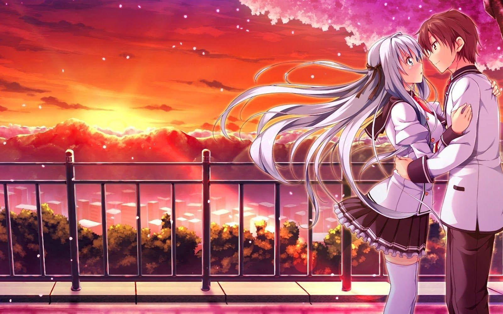 アニメカップル 夕日の中のハグ 壁紙