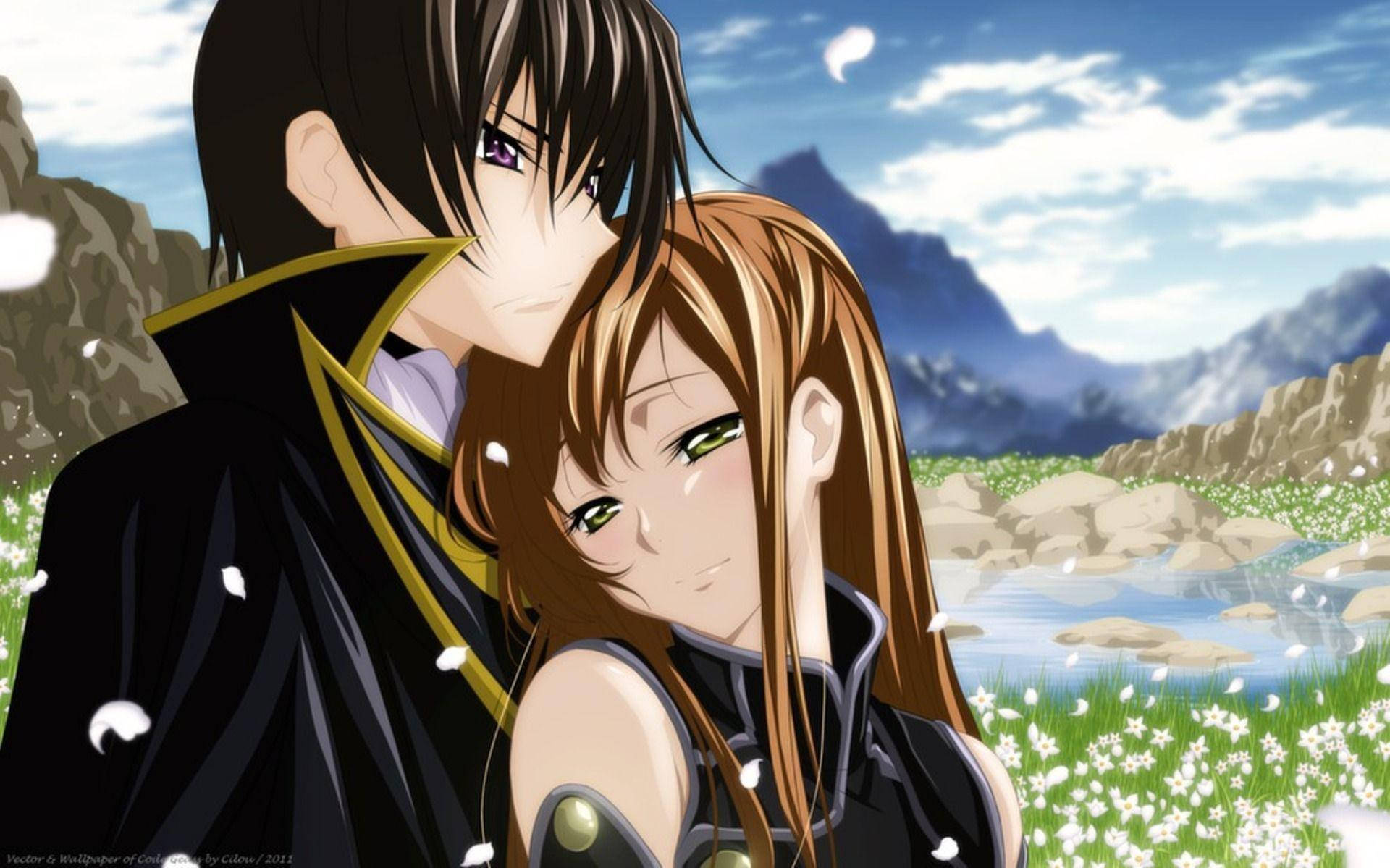 アニメカップル 眠そうに抱き合う 壁紙