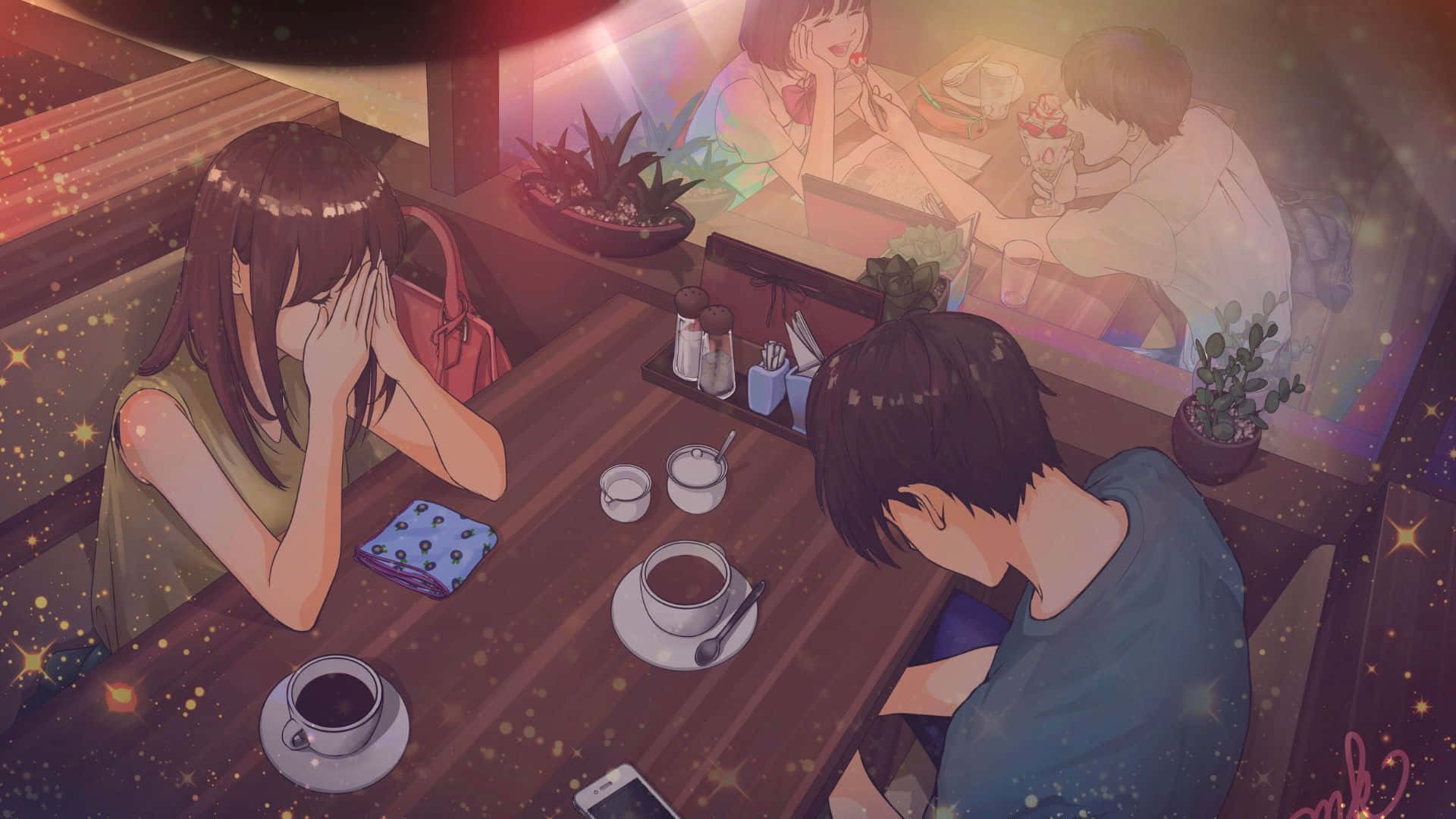 アニメカップルがカフェにいる背景 壁紙