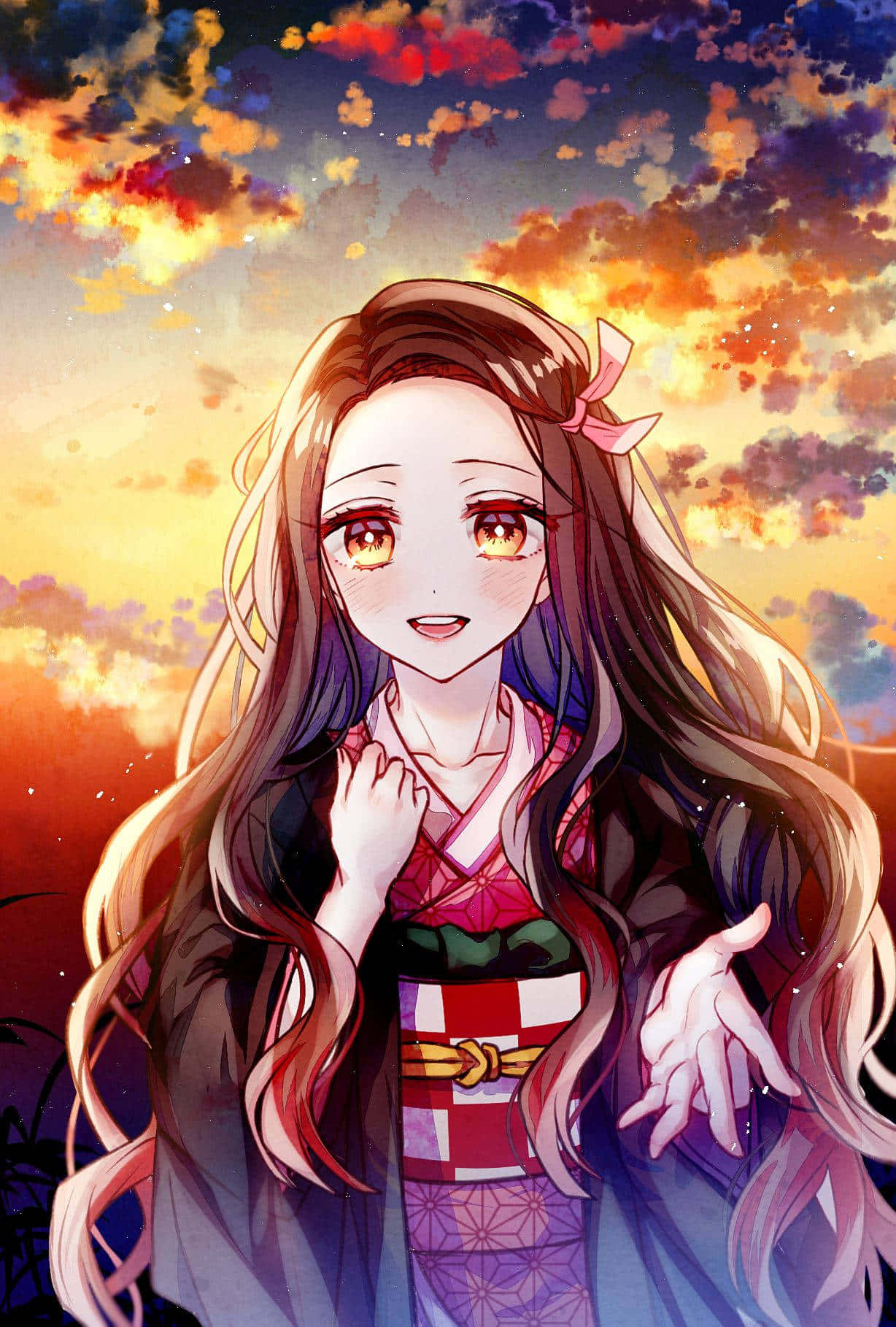 アニメキャラクター 可愛い竈門禰豆子 夕焼け空と共に 壁紙