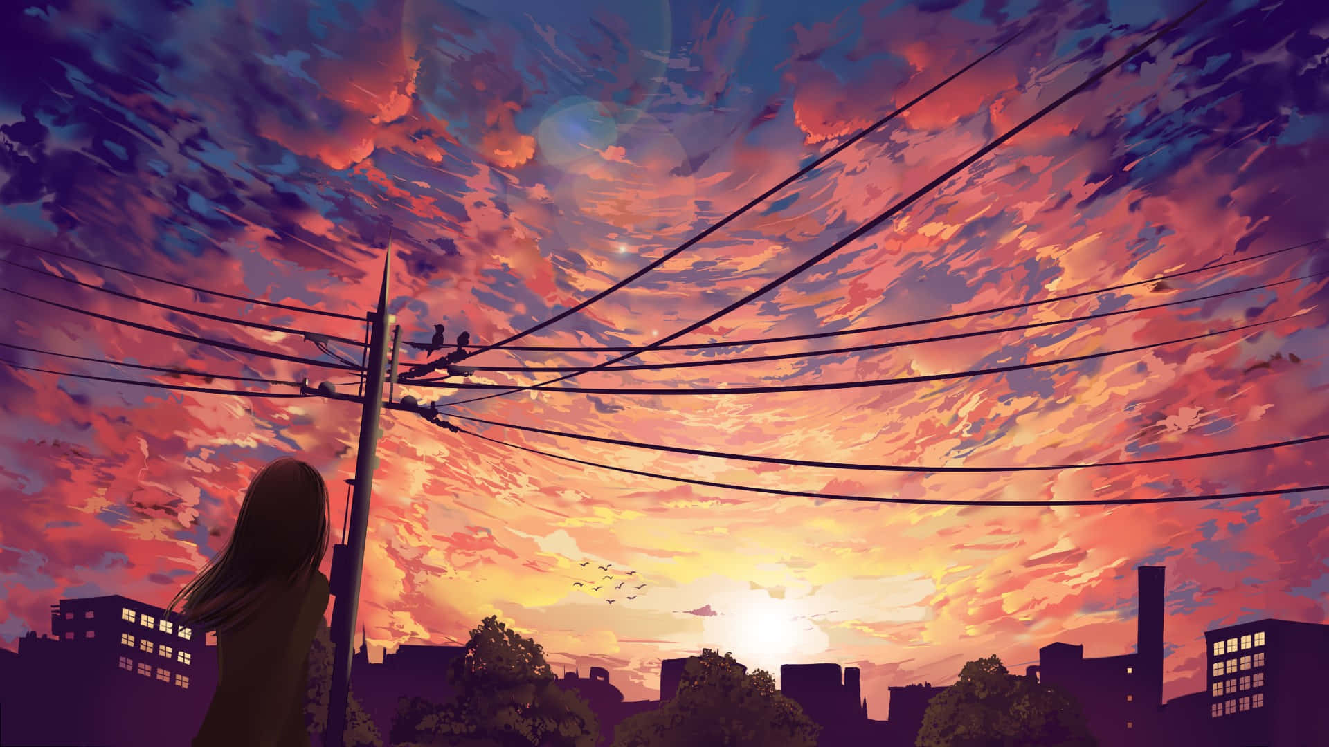 アニメキャラクターで賑わう都会の風景。 壁紙
