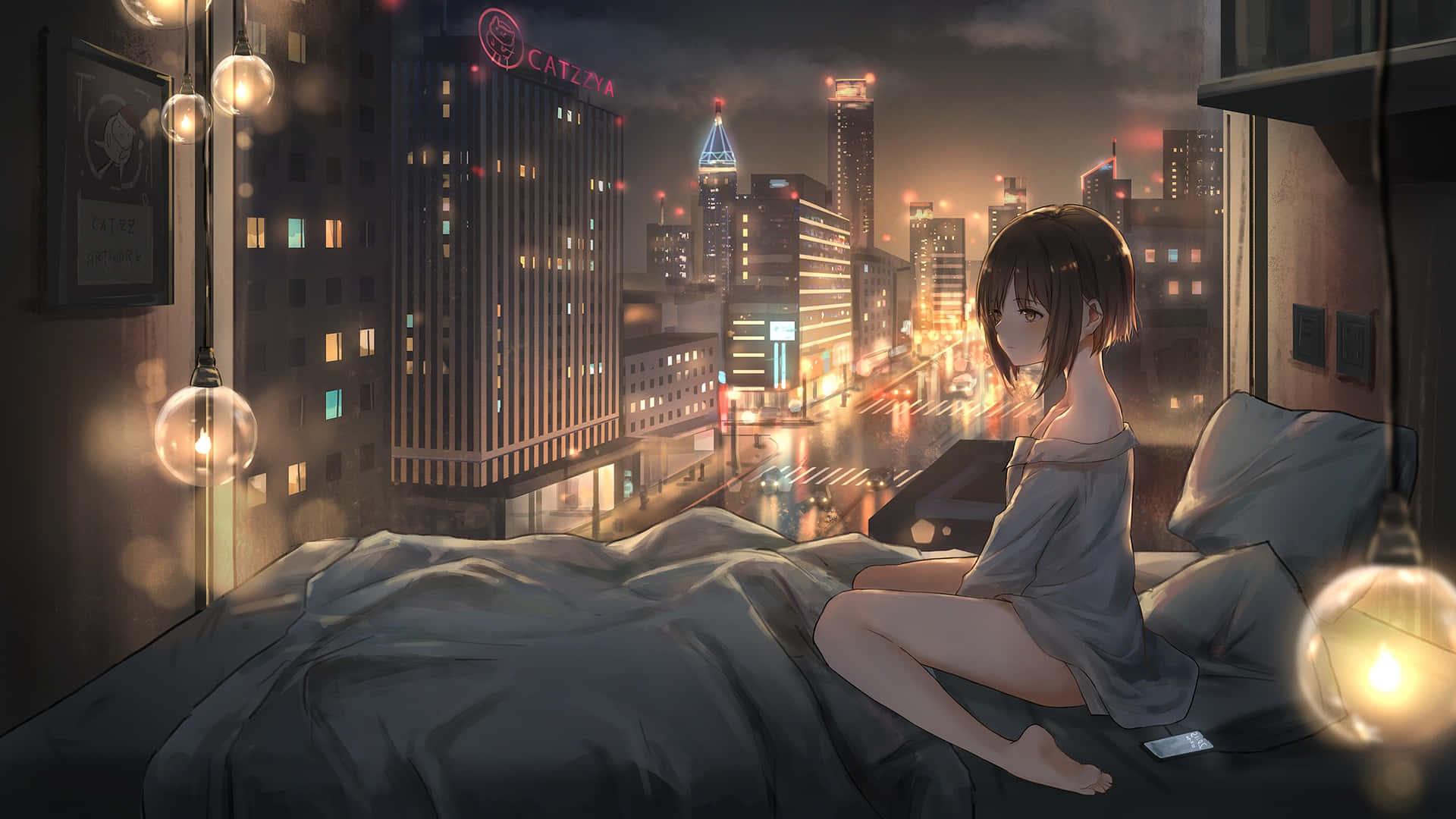 アニメシティの超高層ビルが立ち並ぶ夜景 壁紙