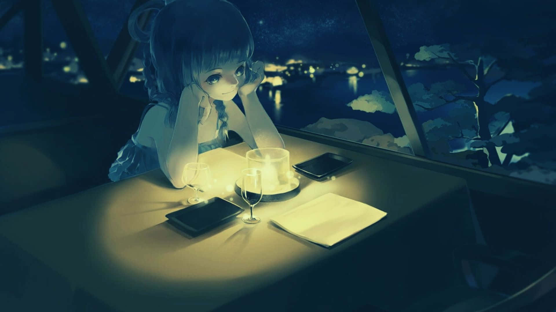 アニメデザインにインスパイアされたモダンなコーヒーカフェ 壁紙