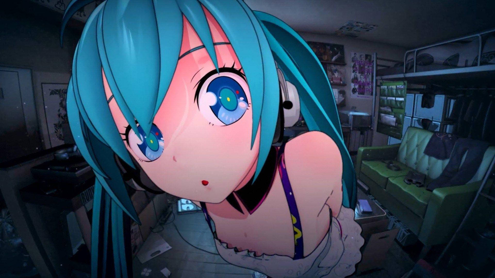 アニメワイフ初音ミクがカメラを見つめる 壁紙