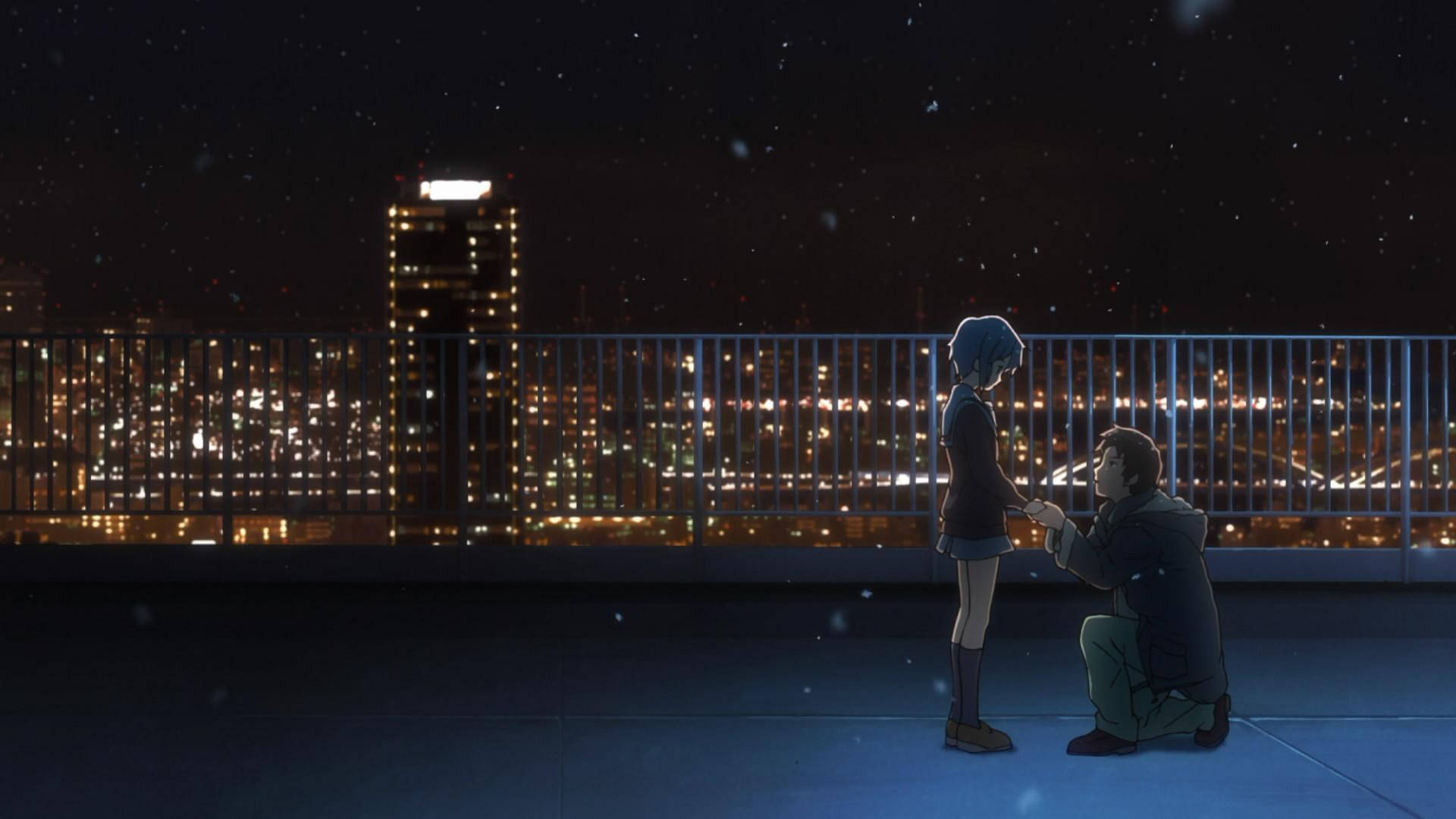アニメ学校風景 夜の屋上の長門有希とキョン — アニメ ライブGIF 壁紙