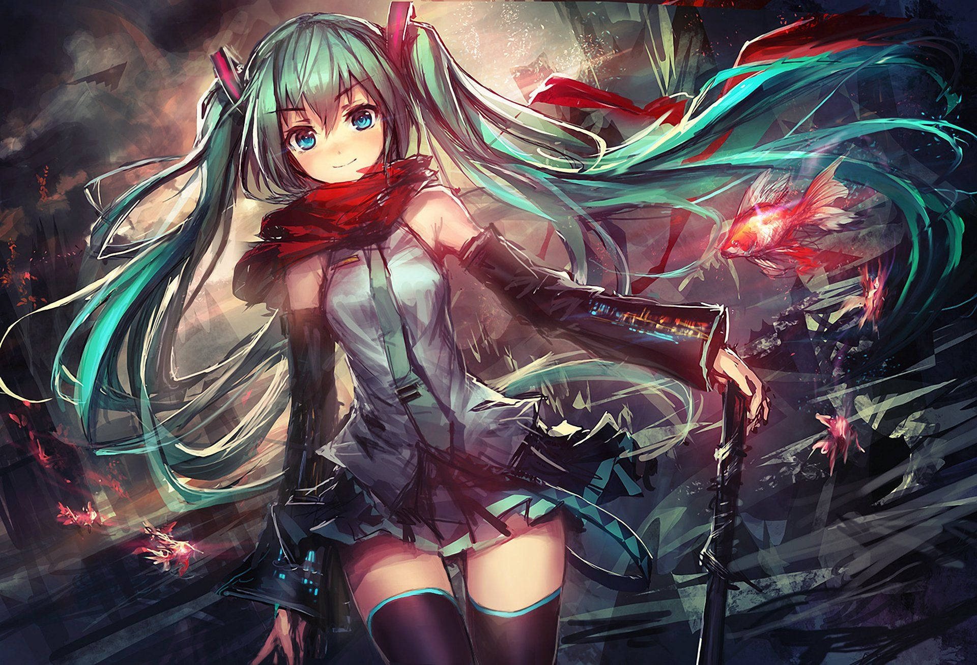 アニメ少女とボーカロイド初音ミク、長い青いポニーテールの髪の壁紙