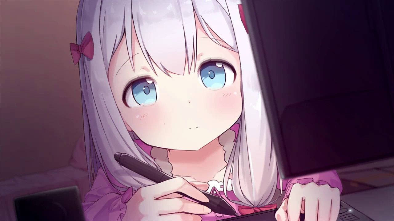 可愛いアニメ少女、和泉紗霧がノートパソコンを見ながら何かを書いている壁紙