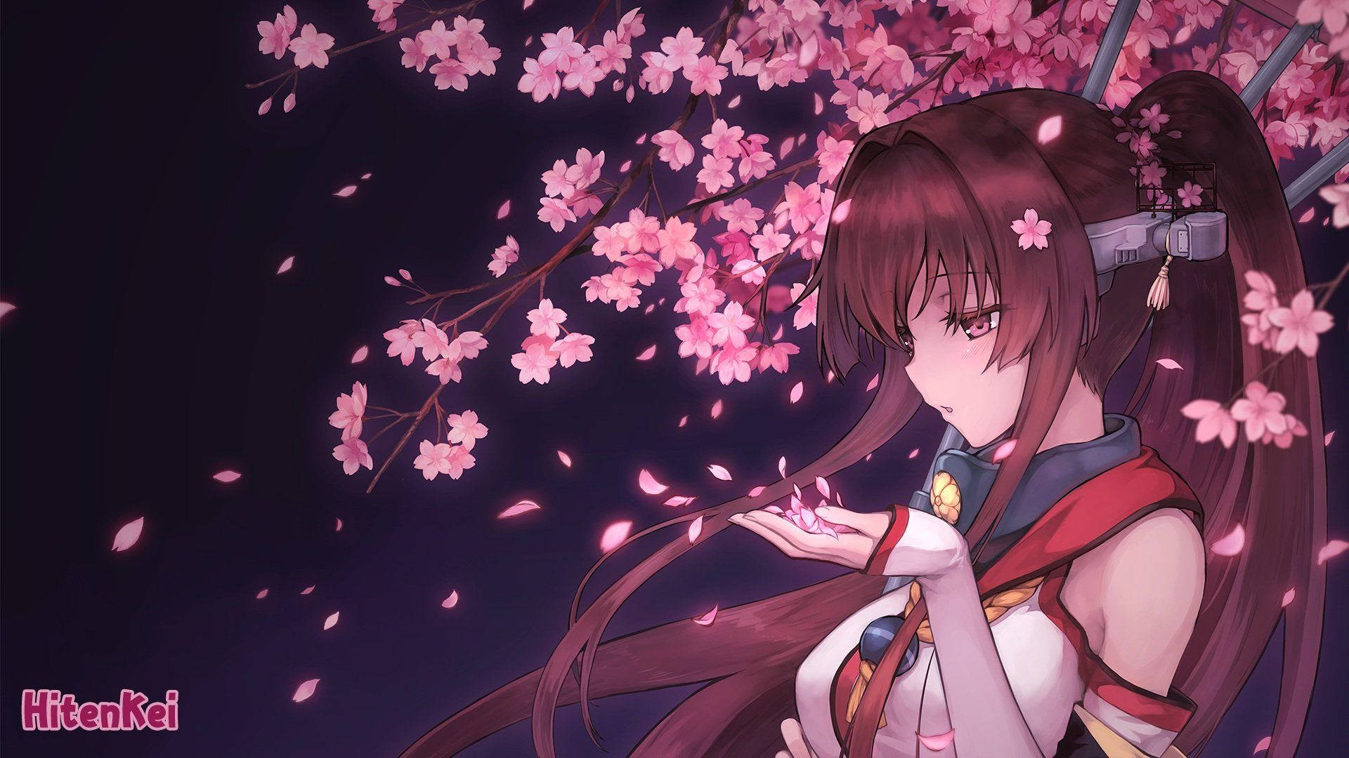 制服を着たアニメ少女がピンクの桜の木の下に立っている壁紙