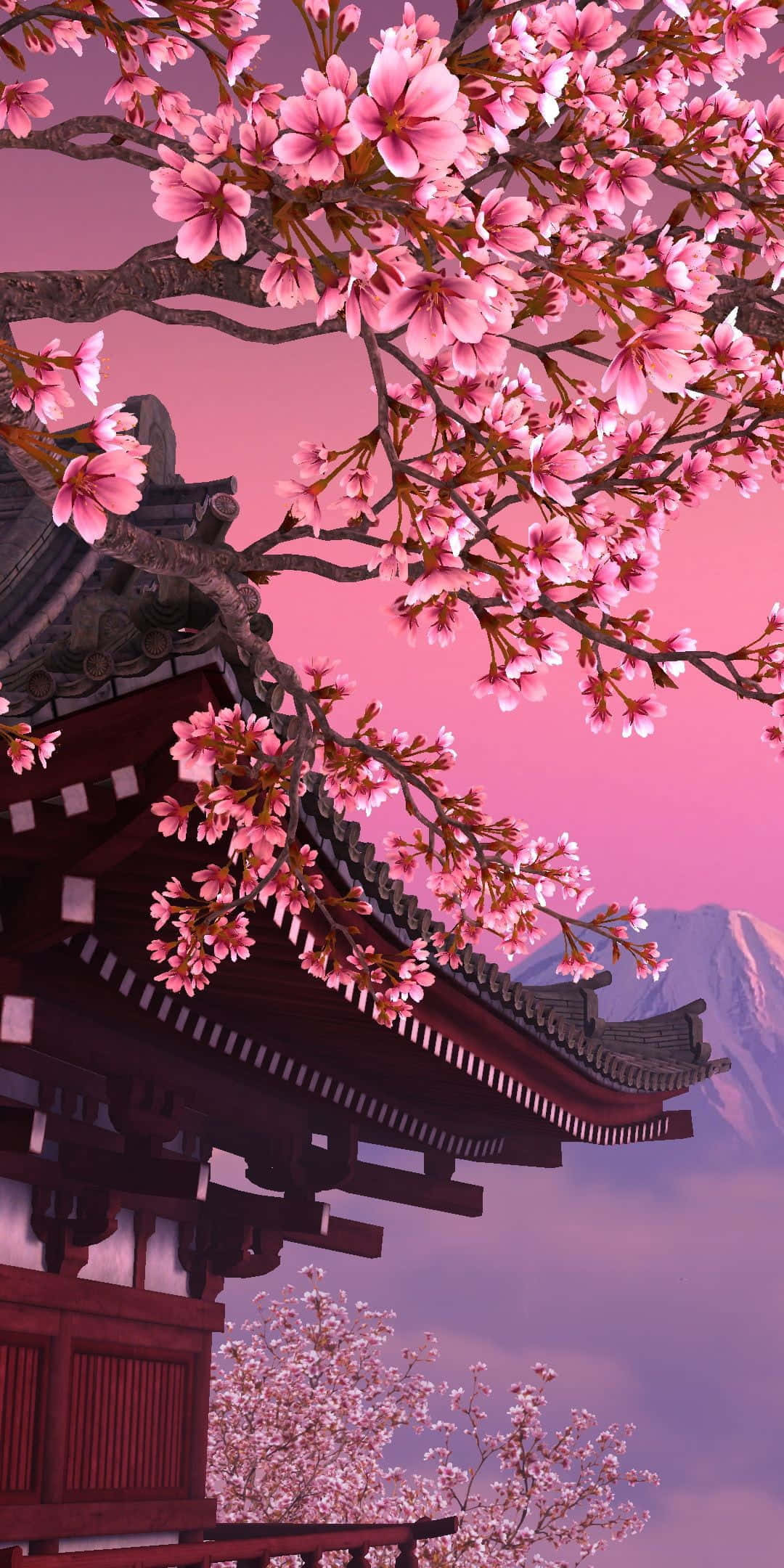 アニメ風 桜と日本寺院の背景 壁紙