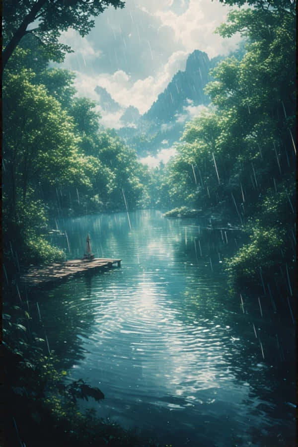 アニメ風 緑の森の雨の湖 静かな自然 4K 壁紙