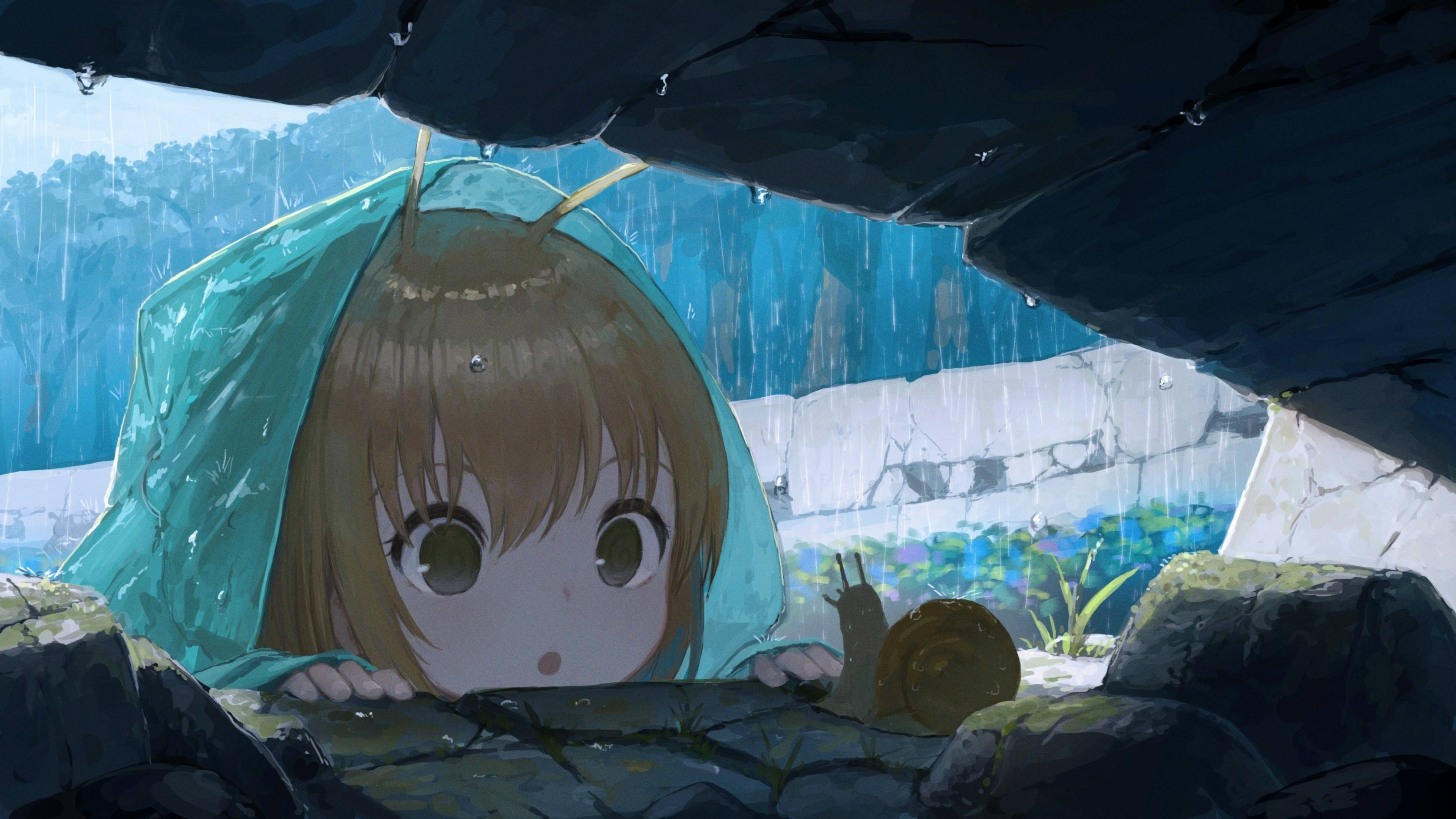 アニメ風のパーカーを着た少女とカタツムリ 壁紙