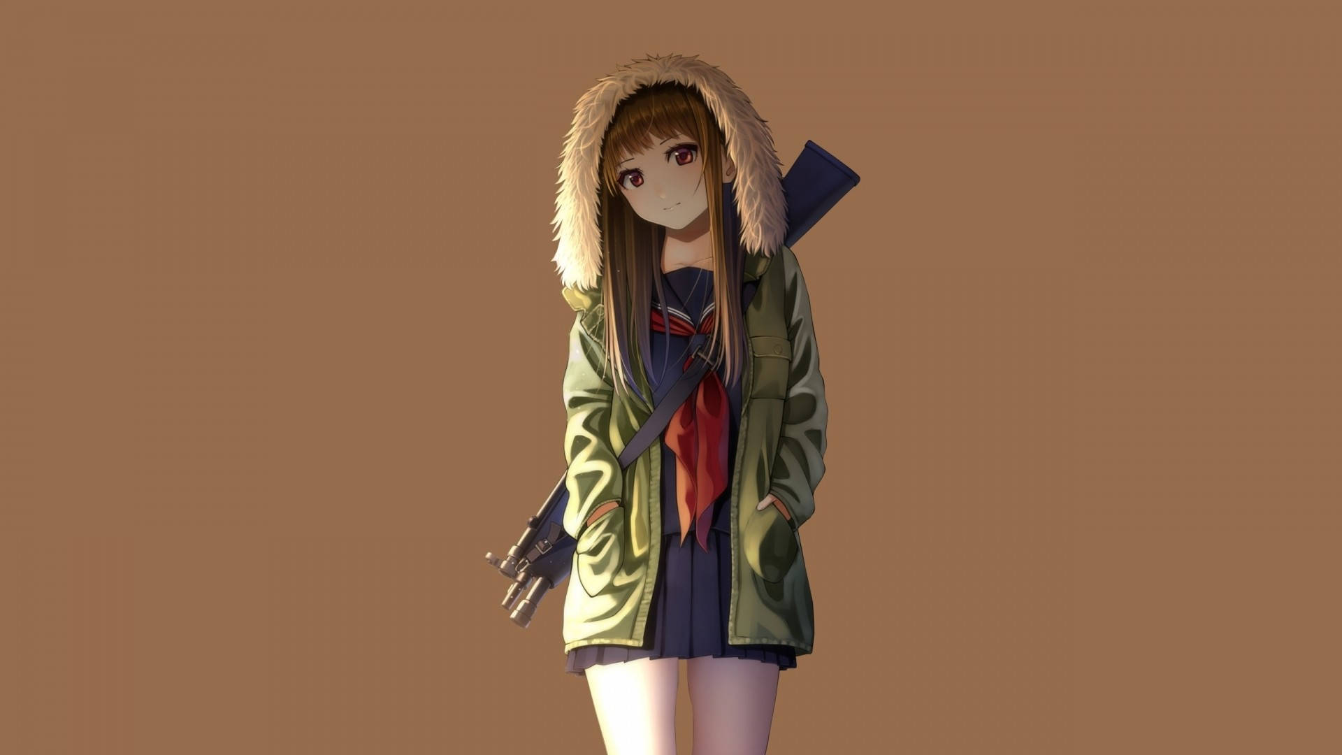アニメ風のフードを被った銃を持つ少女 壁紙