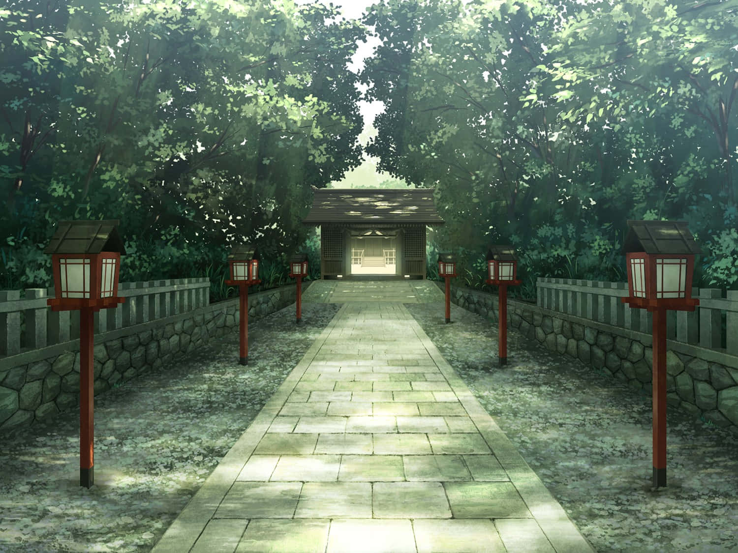 アニメ風の公園灯篭と神社の背景 壁紙
