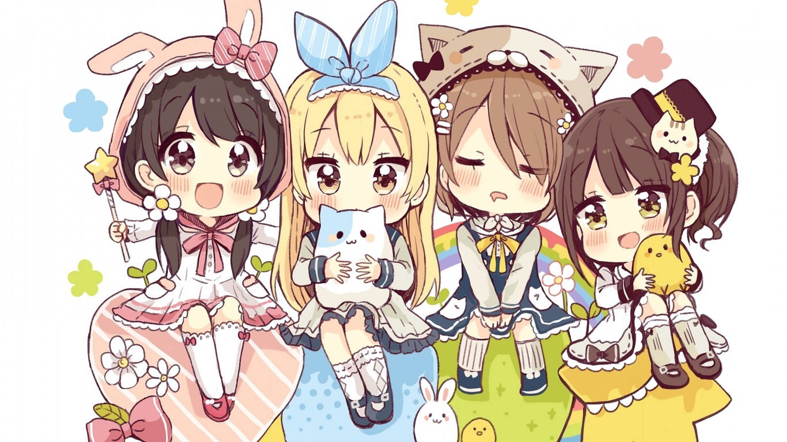 アニメ風の子供たちのカラフルなドレス 壁紙
