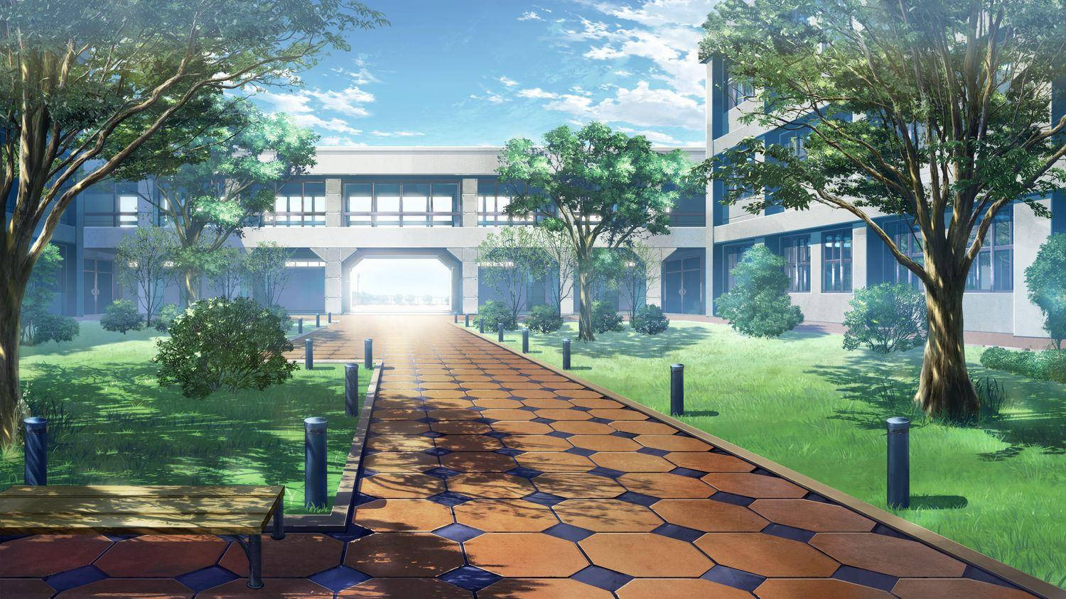 アニメ風の学校風景 タイル張りの小道 壁紙