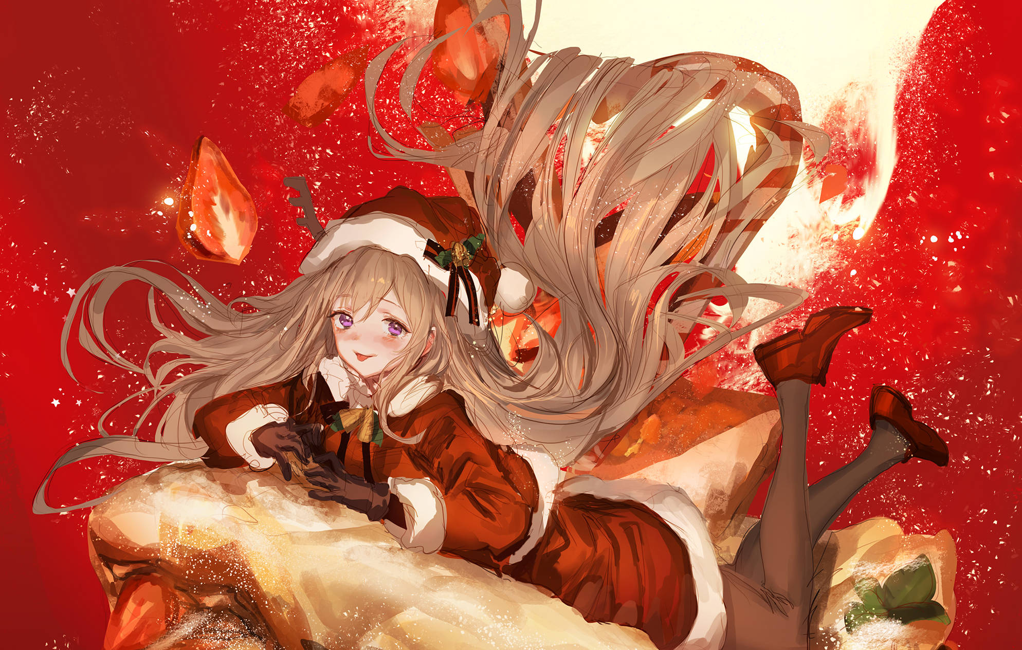 アニメ風の少女がクリスマス衣装で赤い抽象背景に横たわる 壁紙
