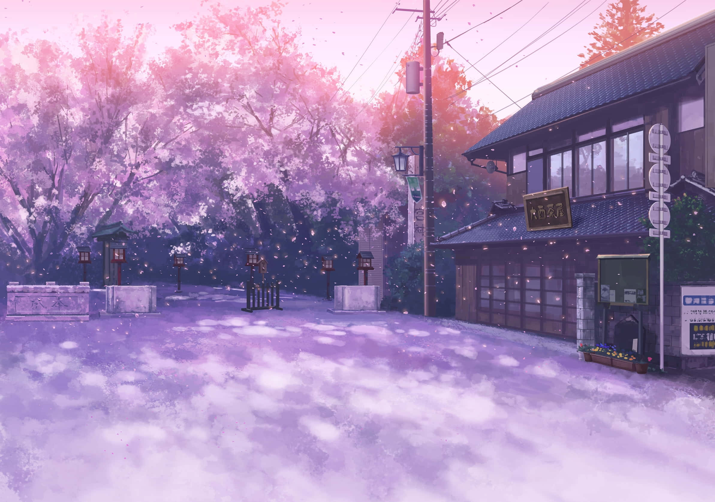 アニメ風の桜と家と電柱の背景 壁紙