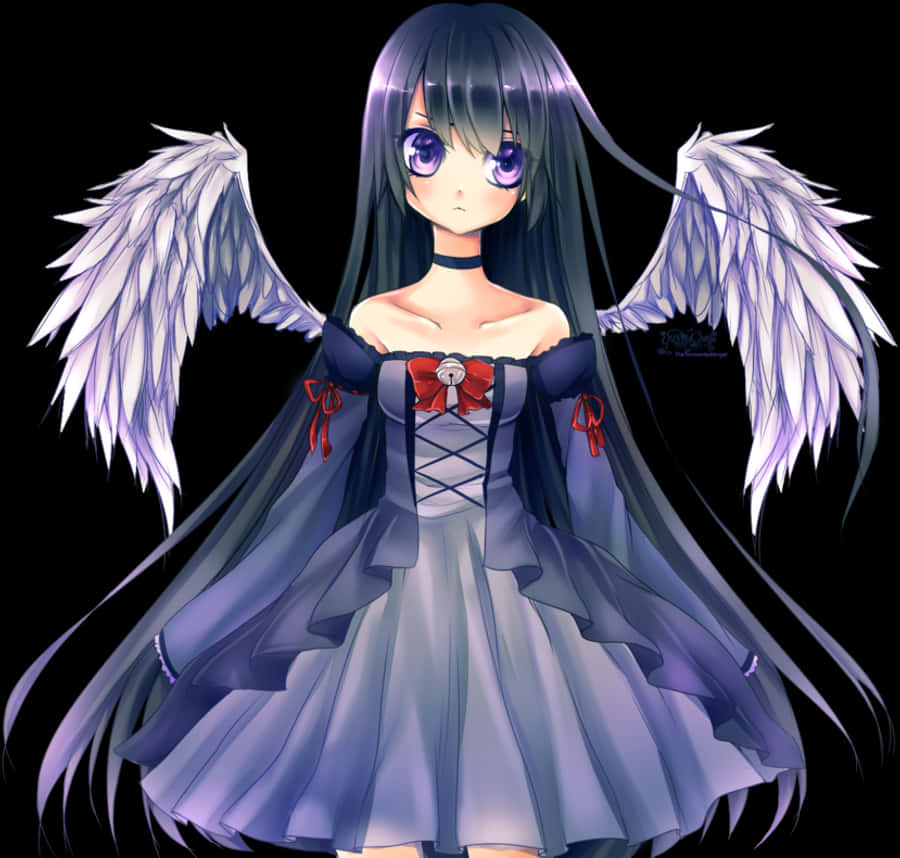 アニメ風の紫の翼を持つ天使の少女 壁紙