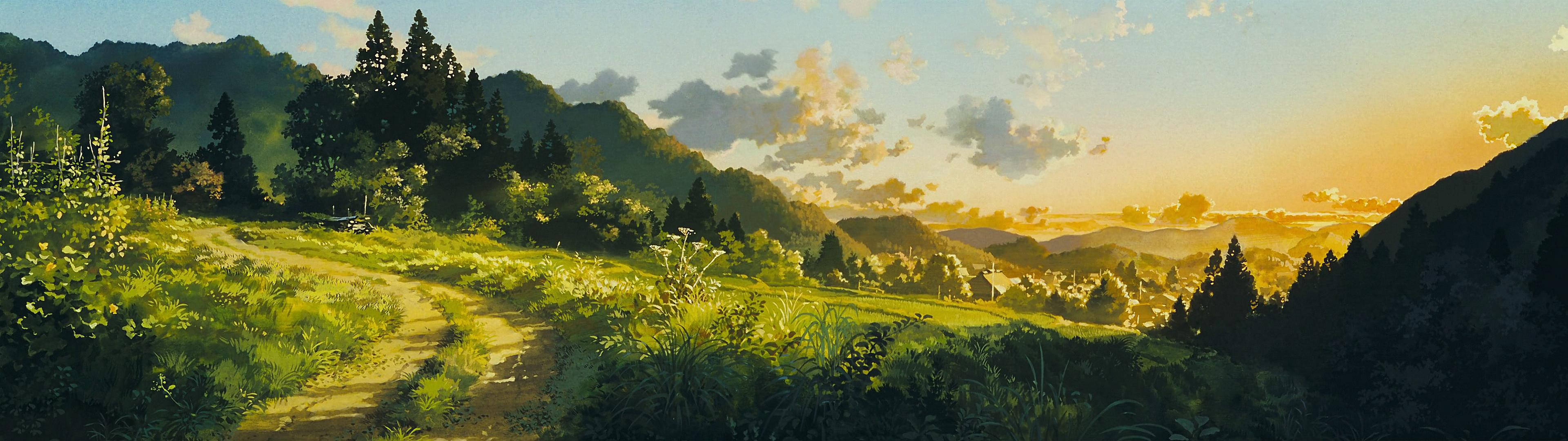 アニメ風の自然な緑の風景、デュアルモニター壁紙