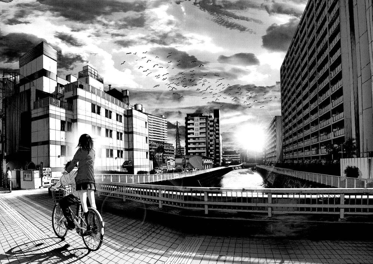 アニメ風の自転車を持つ少女のモノクロ都市イラスト 壁紙