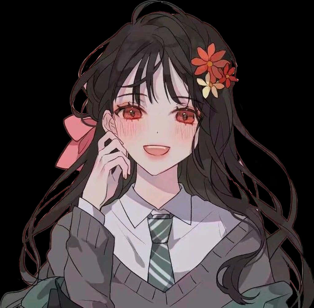 アニメ風の花飾りをつけて微笑む少女 壁紙