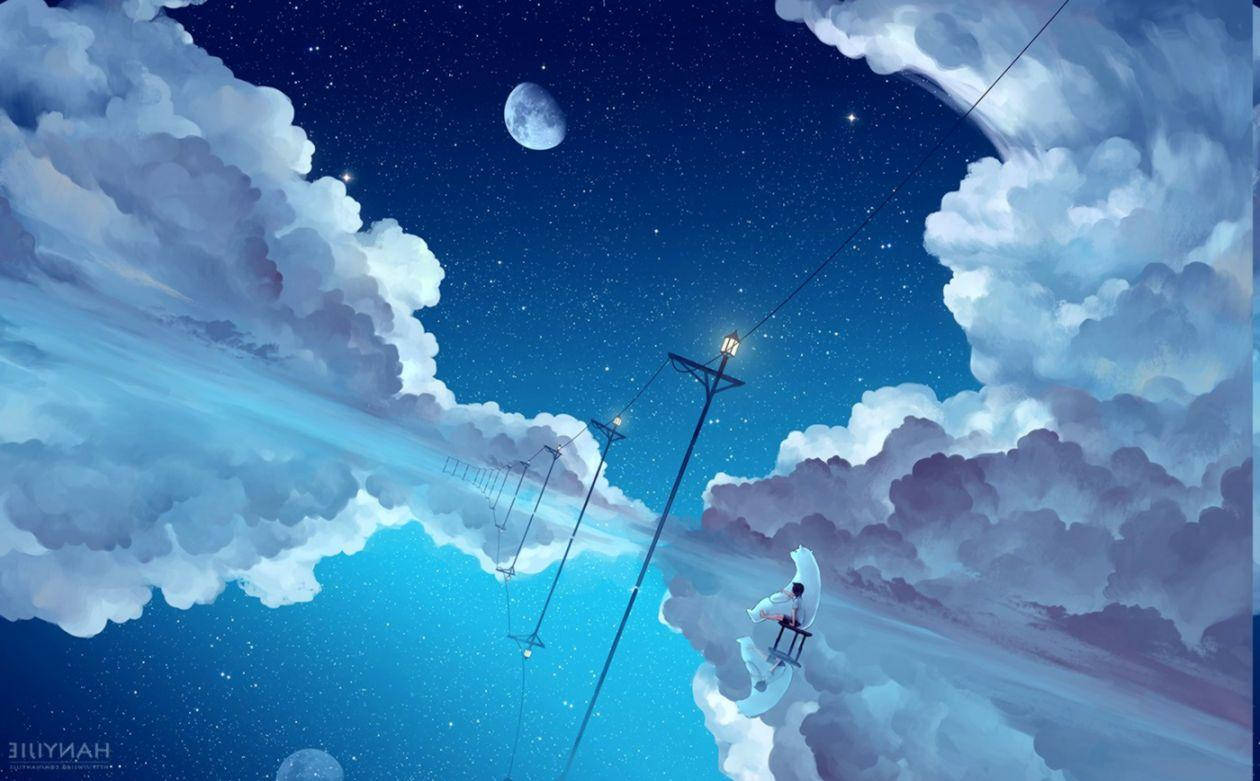 アニメ風の青い夜の風景 壁紙
