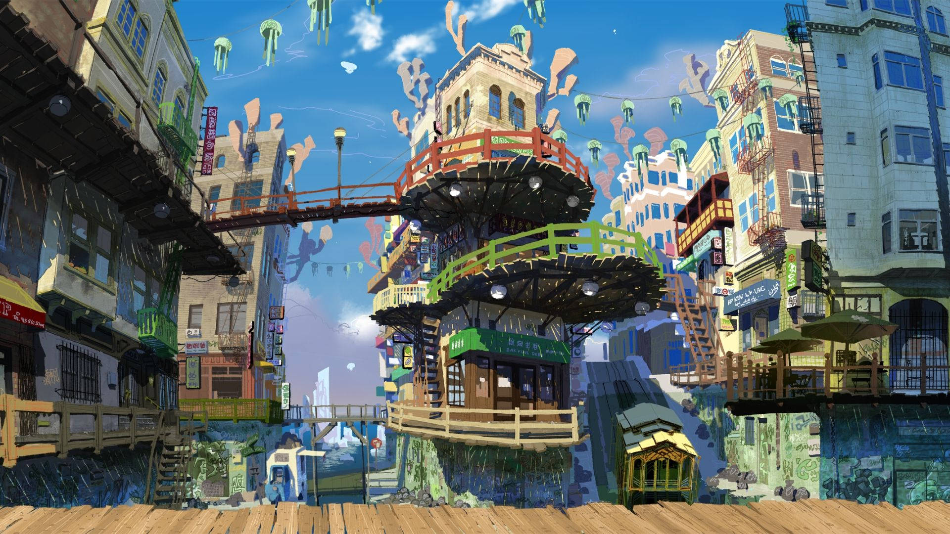 アニメ風の風景 クールな建造物 壁紙
