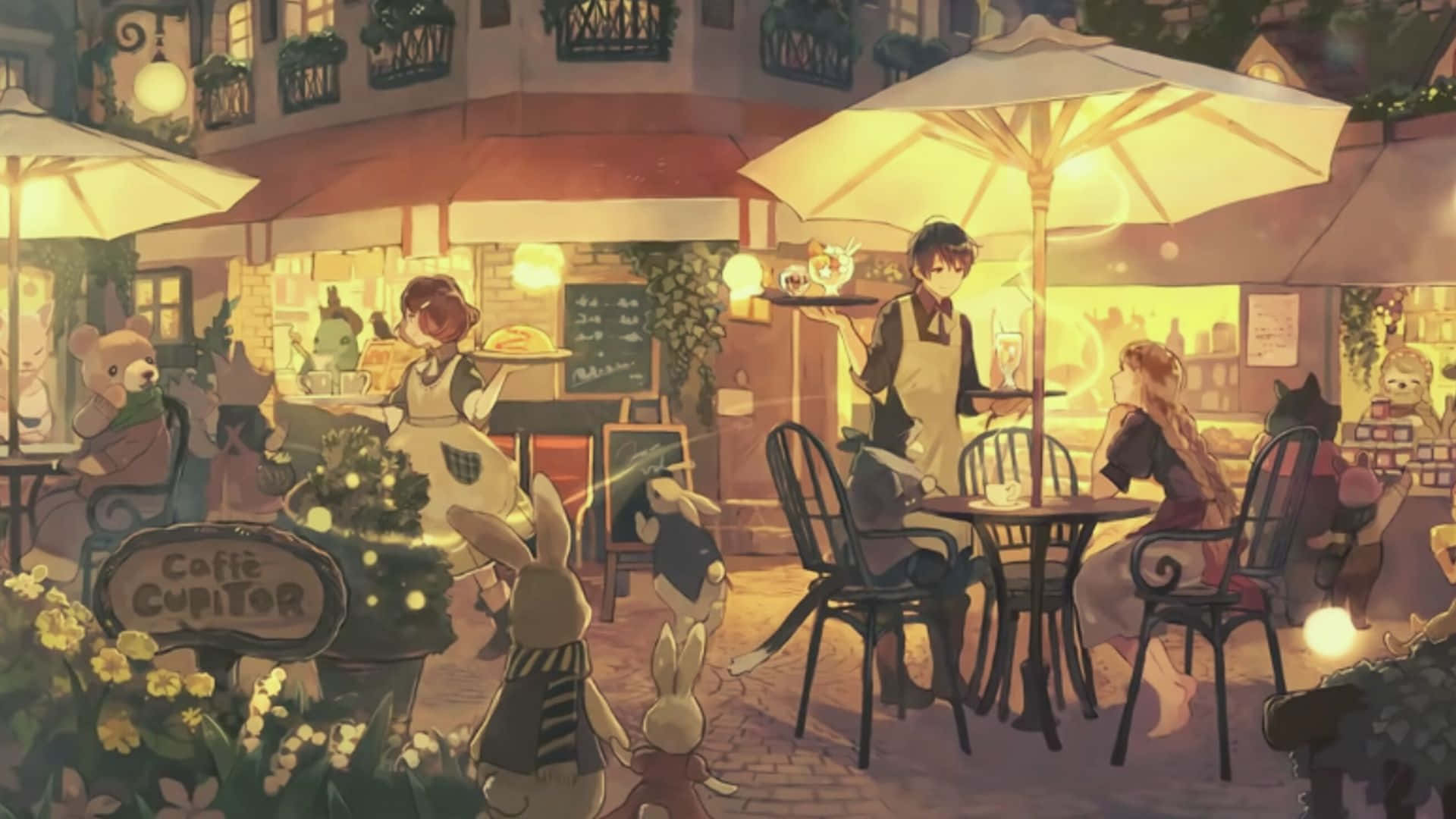 アニメ風オープンカフェの背景 壁紙