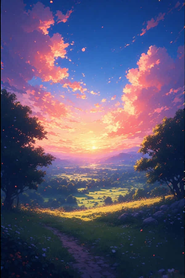 アニメ風夕日の田園風景 夢想的で鮮やかな4K 壁紙