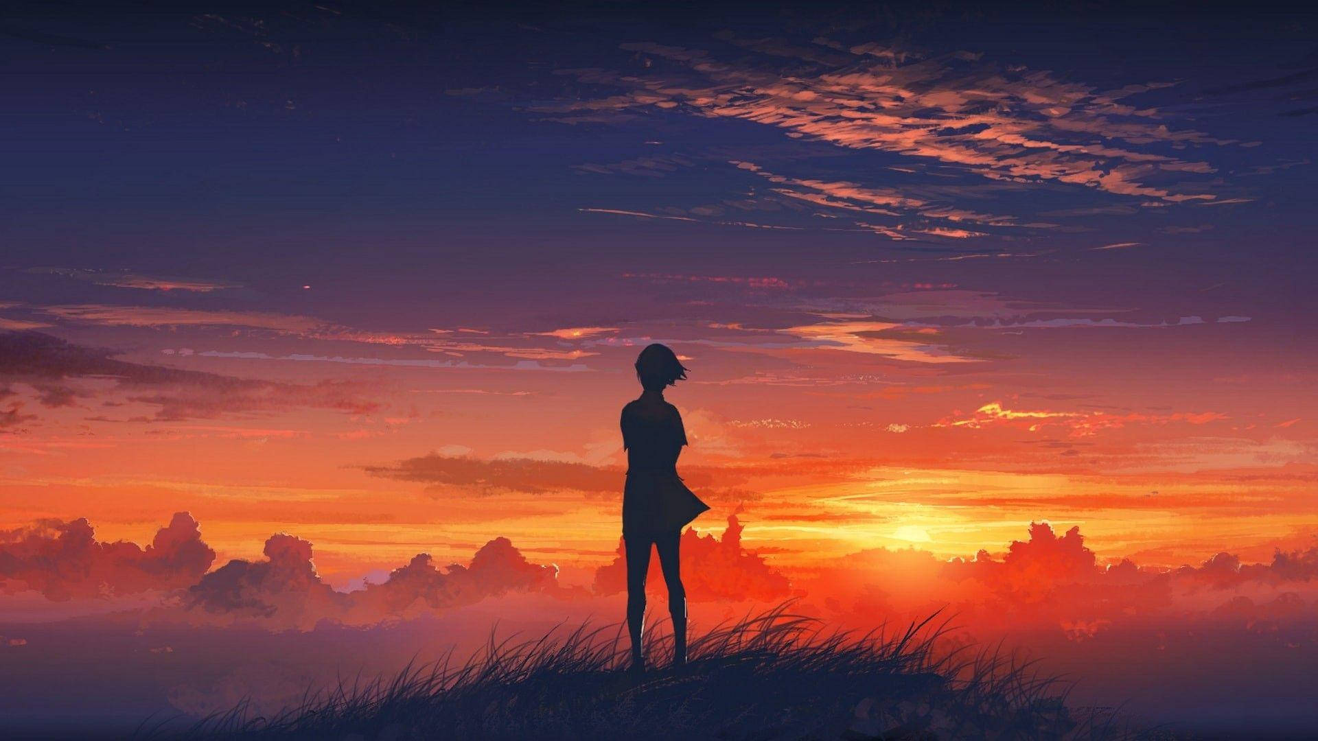 アニメ風夕焼けと少女のシルエット 壁紙