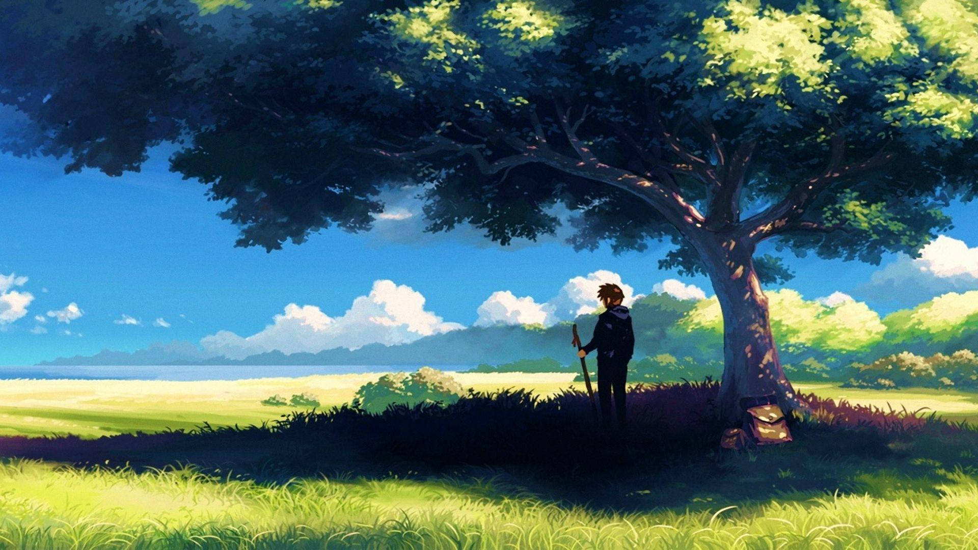 アニメ風景 木の下に立つ男 壁紙