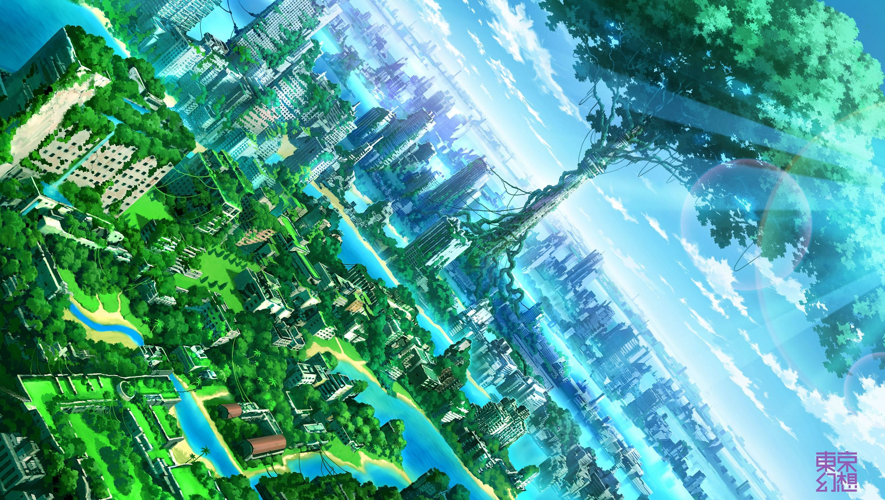 アニメ風景 緑の葉に覆われた都市 壁紙