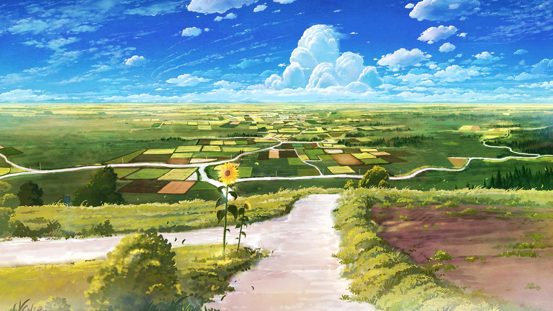 アニメ風景の田園地帯 壁紙