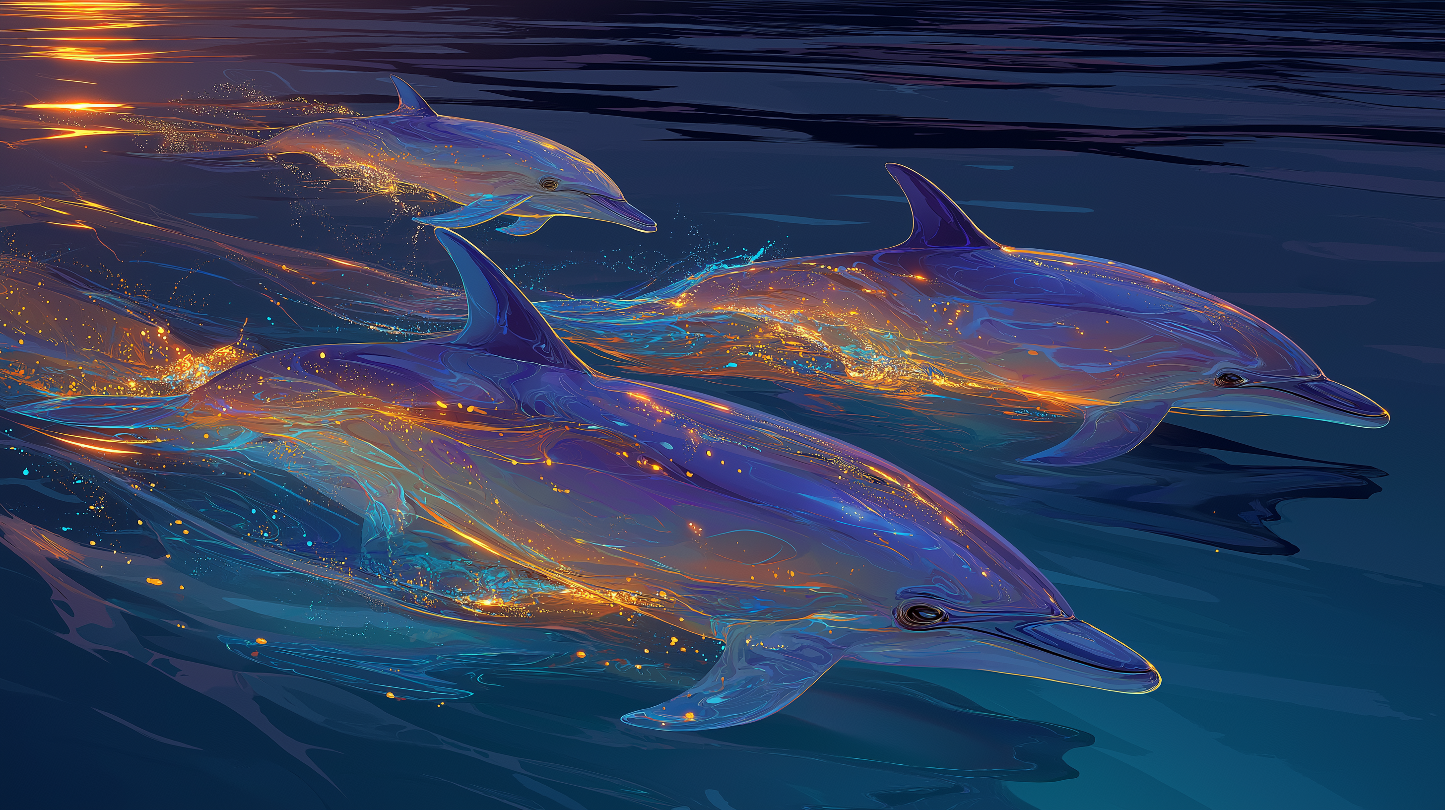 イルカと生物発光の海 壁紙