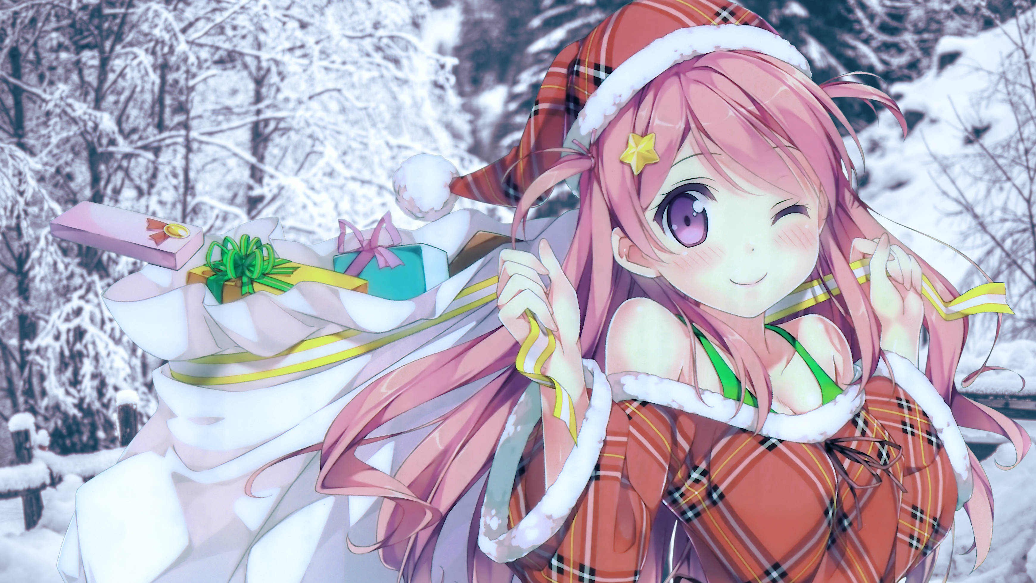 ウインクするアニメ少女のクリスマス背景 壁紙