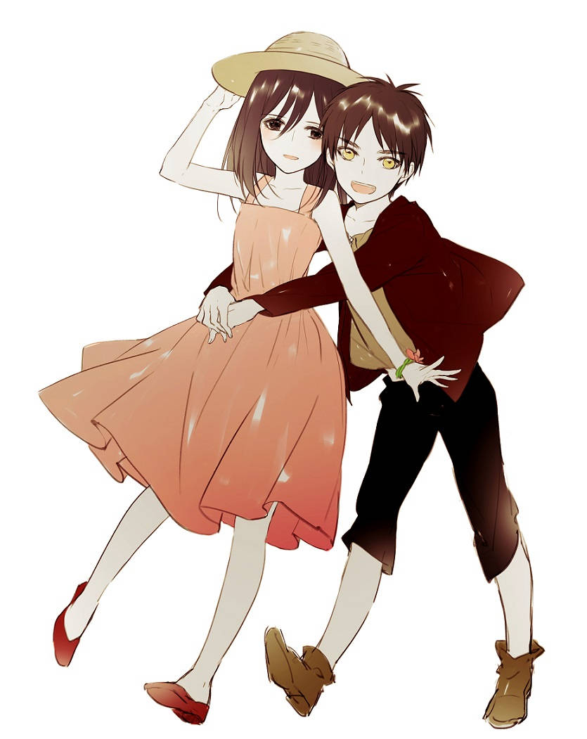 エレンとミカサが微笑み合い抱きしめ合う可愛いイラスト 壁紙