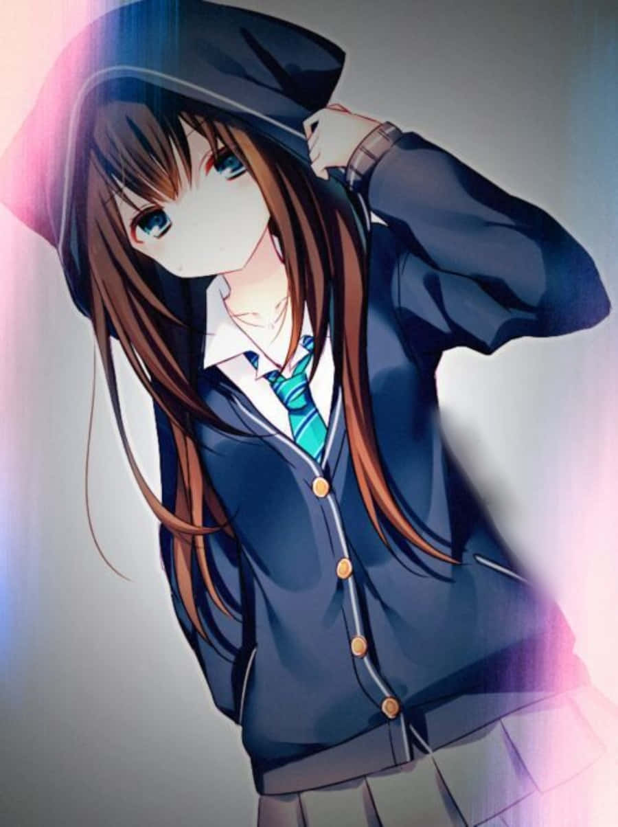 オリジナル ピンクパーカーのアニメ少女 壁紙