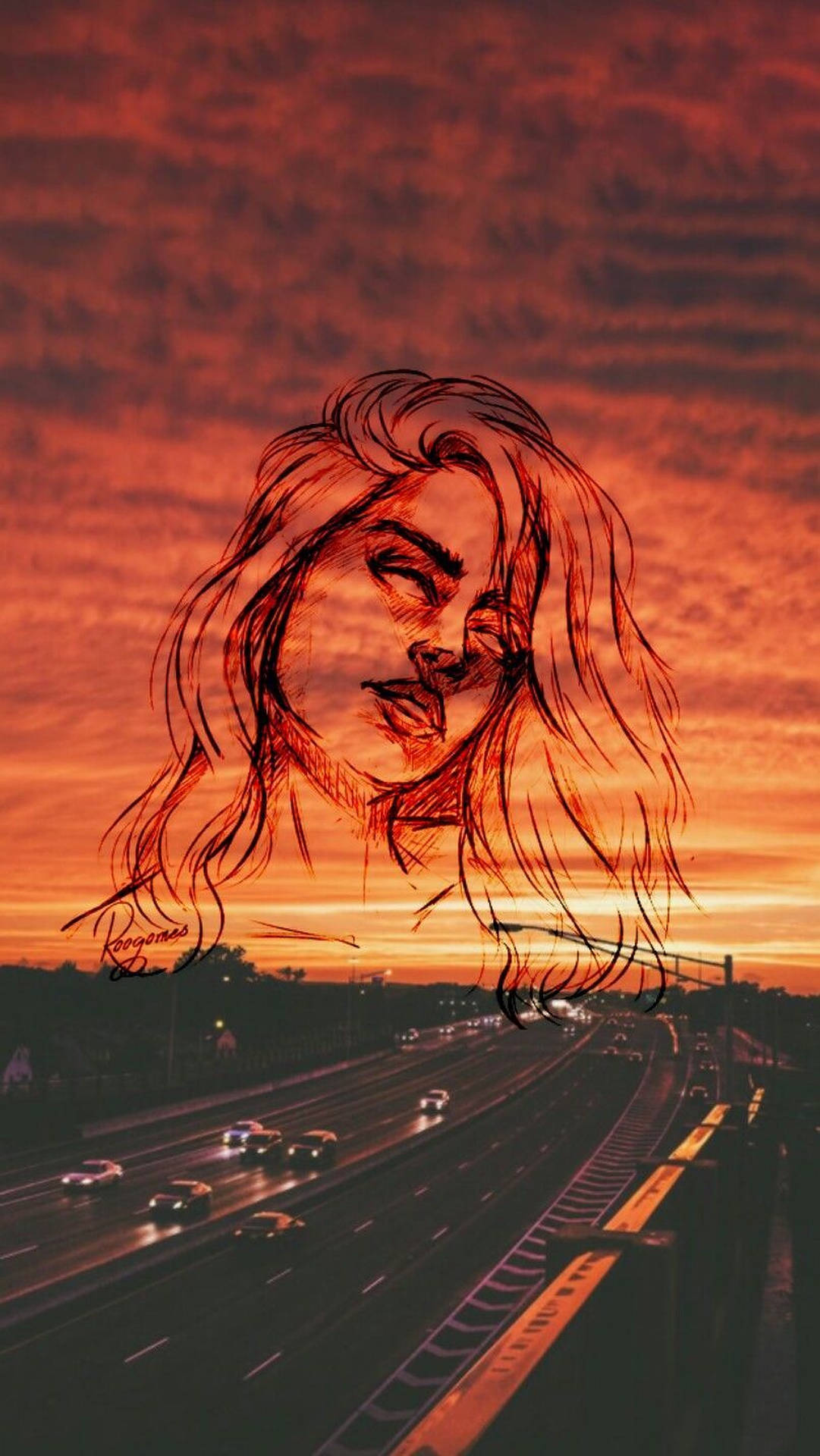 オレンジの夕焼けと美少女の壁紙