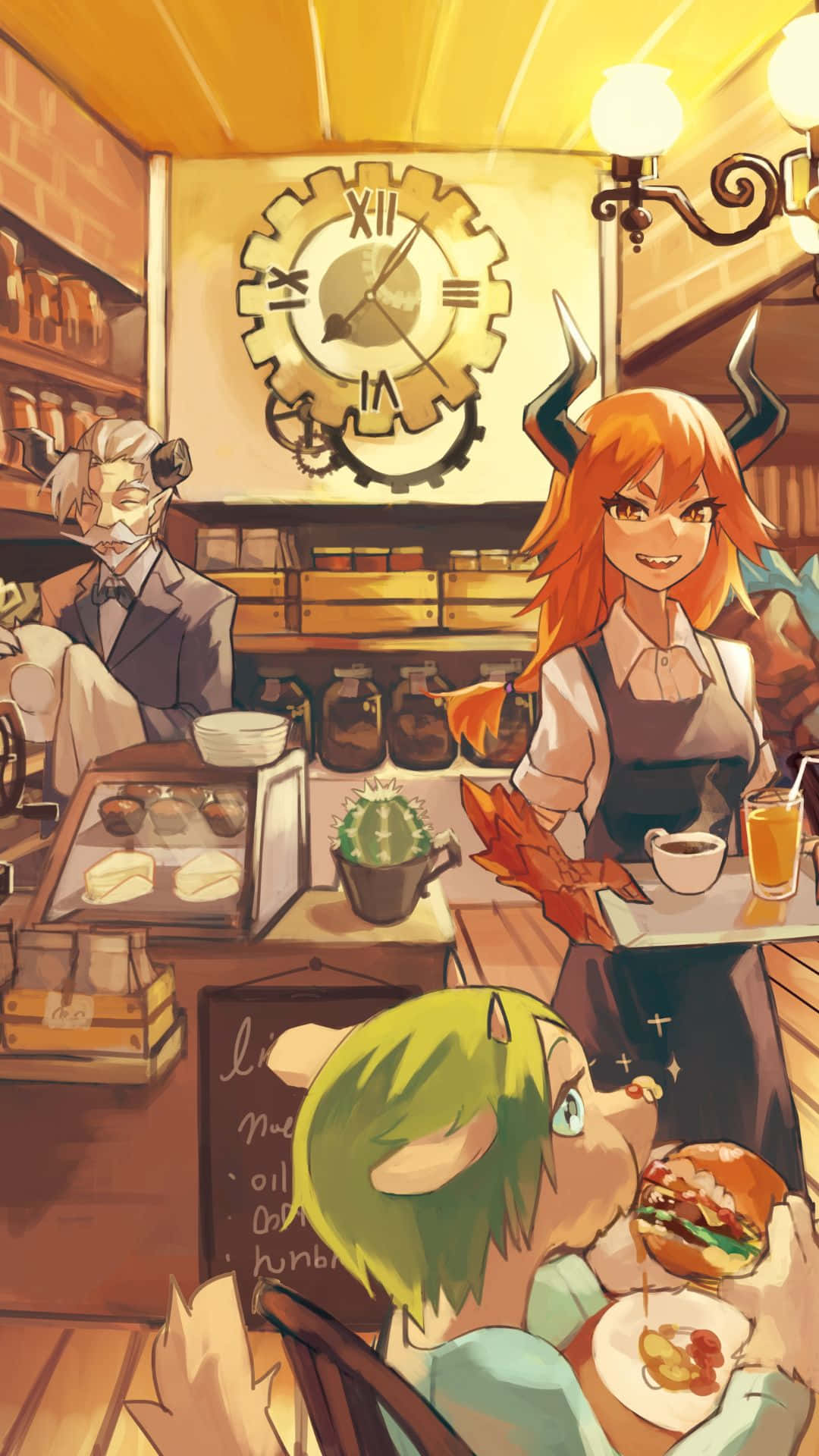 カフェで料理を提供する女性のイラスト 壁紙
