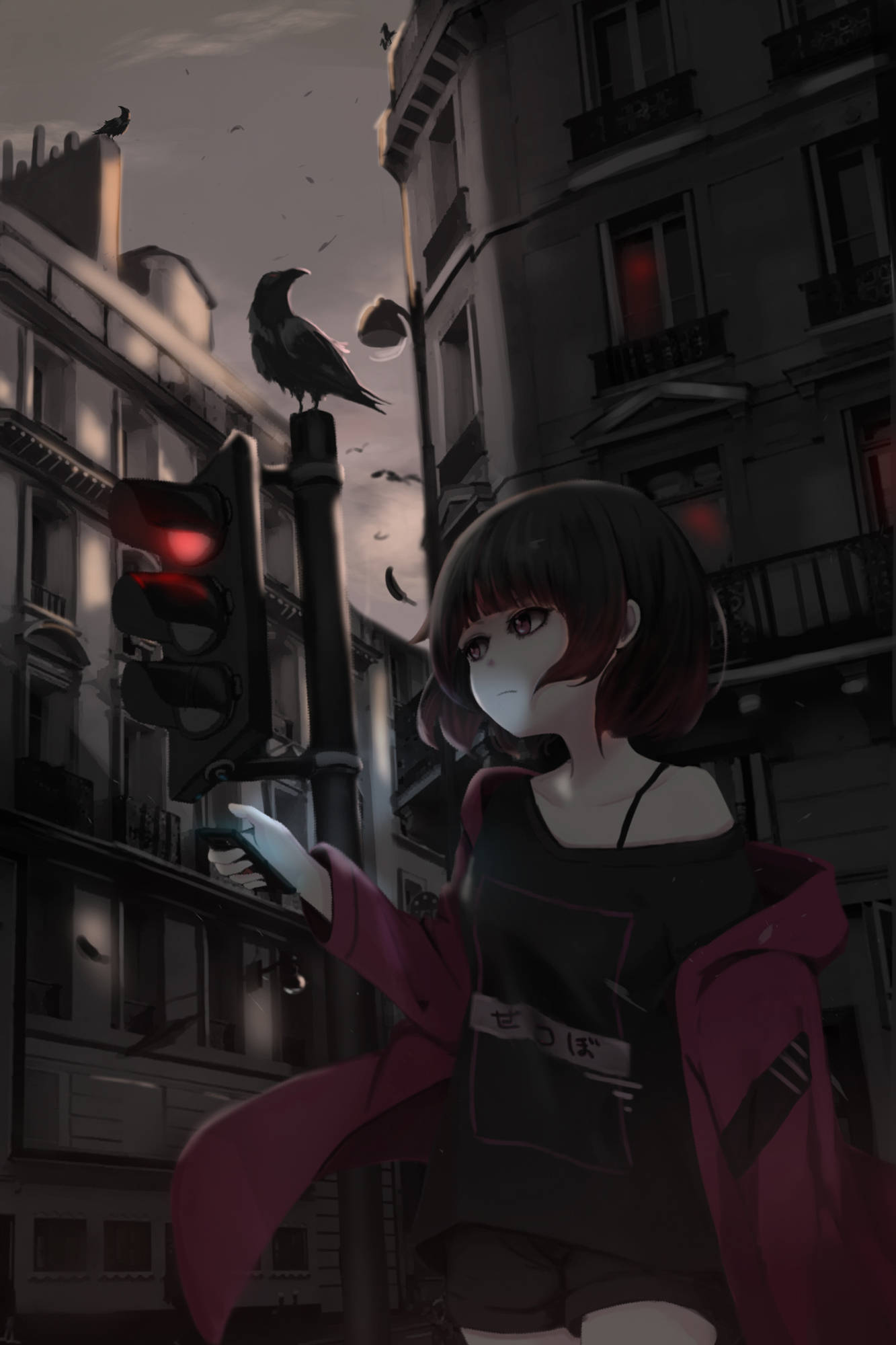 カラスと少女のアニメ電話 壁紙