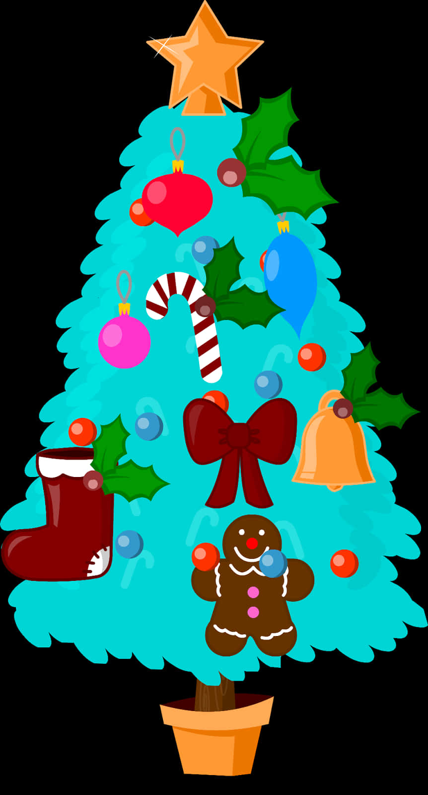 カラフルなクリスマスツリーの漫画イラスト 壁紙