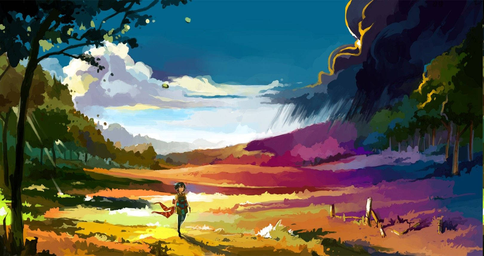 カラフルな草原のアニメ風景 壁紙